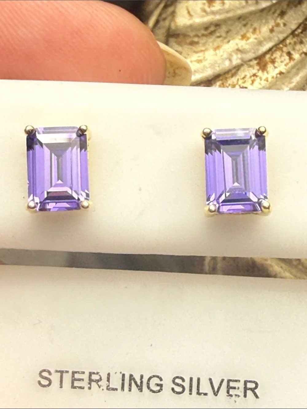 14k Gold over 925 Sterling Silver Purple Gemstone Emerald-Cut Stud Earrings NEW